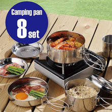 Carregar imagem no visualizador da galeria, 8pcs Outdoor Pan Set Stainless Steel Stacking Pots Hiking Picnic Pot Camping Hiking Cookware Non-Stick Picnic Cooking Bowl Pot

